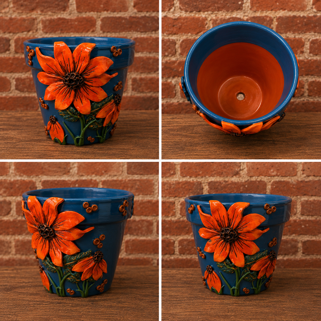5.5” making olás hand-sculpted flower pot — blue & orange sunflower