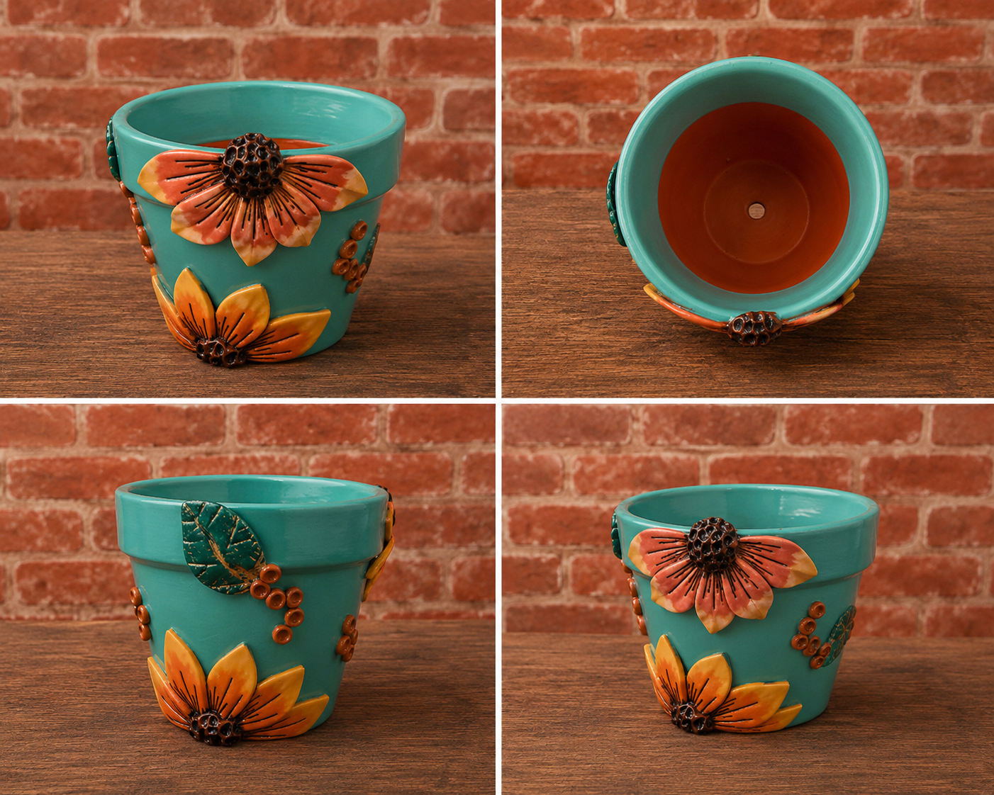 3” making olás hand-sculpted flower pot — teal & golden sunflower