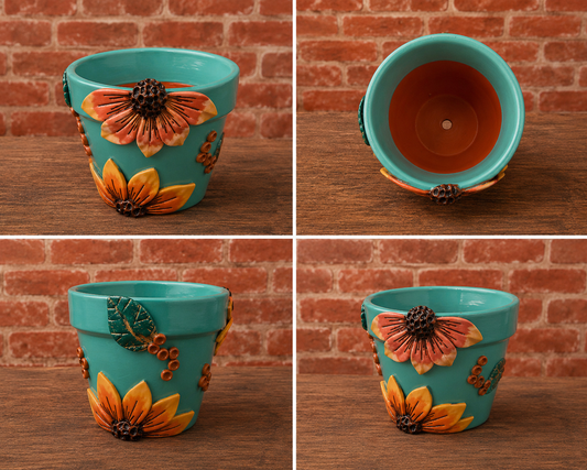 3” making olás hand-sculpted flower pot — teal & golden sunflower
